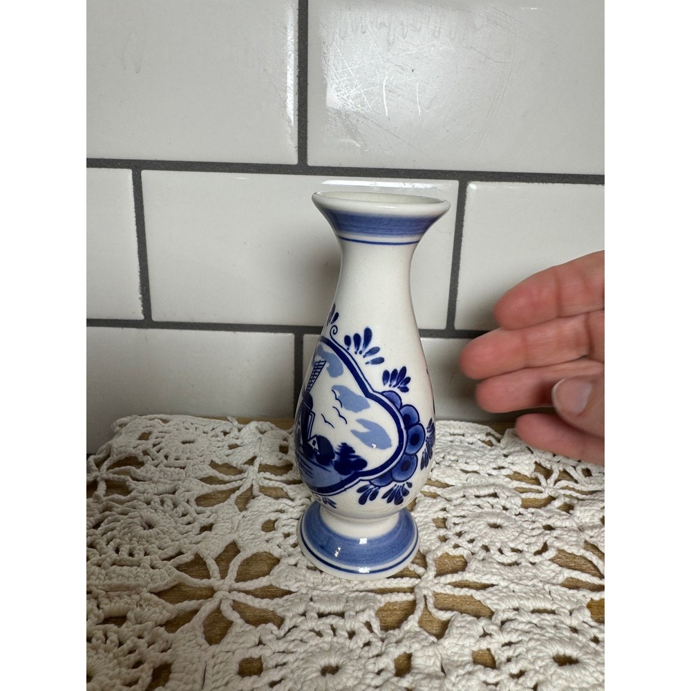 Delft Blue Handpainted Holland Windmill Ceramic Bud Vase 5 Inch Blue White - Picture 4 of 8
